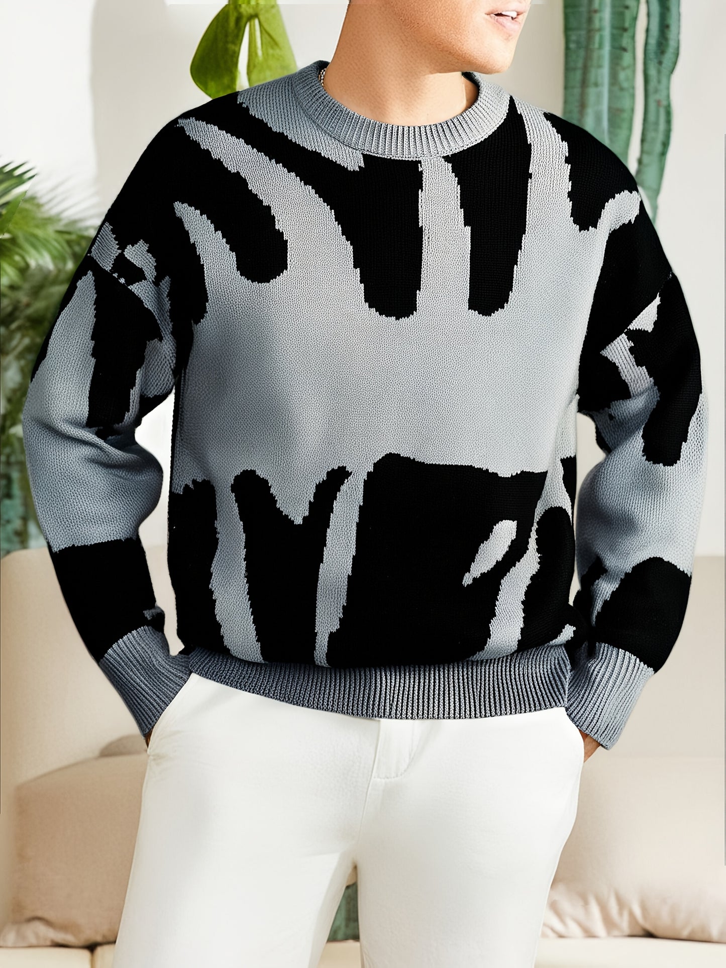 Men's Sweater - Black & Gray Modern Contrast Pullover, Machine Washable Winter Knitwear for Formal & Casual Outfits - Warm Knit Sweater for Teens and Adults, Knit Sweater, Comfortable Clothing, Ribbed Texture Detail, Classic Round Neckline, Durable Knitw