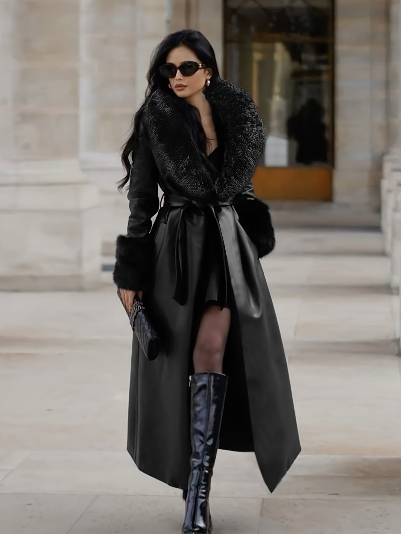 Elegant Black Faux-Fur Collar & PU Leather Jacket with Windproof - Winter Coat for Casual & Formal Events, Structured Houndstooth-Like Pattern, Handbag-Compatible Outerwear (No Washable Care)