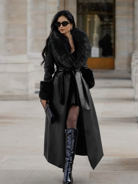 Elegant Black Faux-Fur Collar & PU Leather Jacket with Windproof - Winter Coat for Casual & Formal Events, Structured Houndstooth-Like Pattern, Handbag-Compatible Outerwear (No Washable Care)