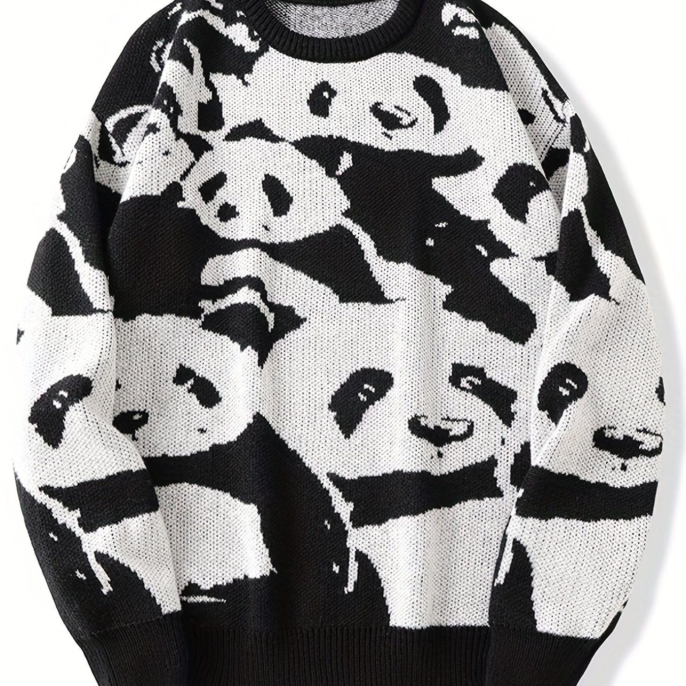 Cozy Panda Crew Neck Sweater - Novelty Cartoon Knit Pullover for Men - Warm, Slightly Stretchy, Casual Fall Winter Wear with Fun Panda Pattern