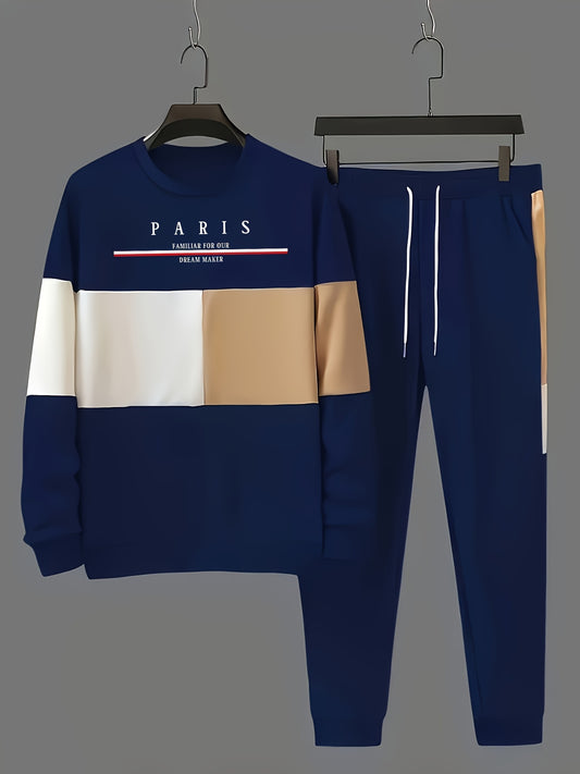 Men's 2pcs Casual Oversized Round Neck Sweater & Jogger Set with Paris Graphic Print, White/Red Color Block & Elastic Drawstring Waist - Soft Knit-Like Texture, Machine Washable Outfit for Casual Attire & Light Sports (Black) - Versatile Lounge-to-Day Ou