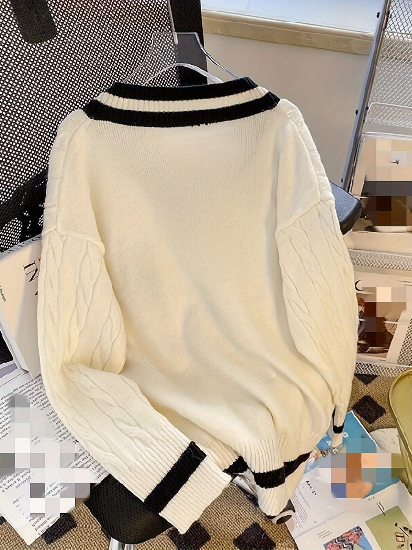 Women's Elegant V-Neck Sweater with Contrast Stripes & Badge - & Black Accents, Medium Stretch All-Season Pullover for Casual or Formal Wear