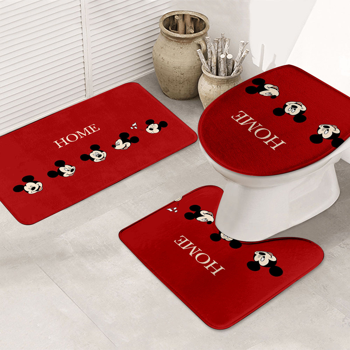 Mickey Mouse 3pcs Bathroom Mat Set, Lightweight Knit Fabric Bath Rug, Machine Washable, Polyester 100.00%, Oblong Shape, 600gsm, 1.2cm Thickness, Toilet Lid Cover, U-Shaped Contour Mat, Home Decor, Bathroom Decor, Christmas Decor, Birthday Gift, Annivers