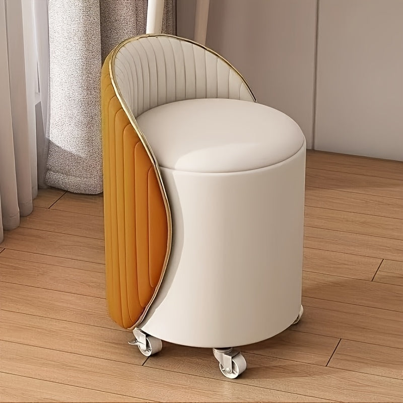 Luxurious Lightweight Vanity Stool with Golden Accents - Elegant White and Beige Upholstered, Round, Swivel Stool with High Backrest for Beauty and Nail Salons, Modern Home Decor, Beauty Stool|Elegant Stool Design|Wooden Base Stool