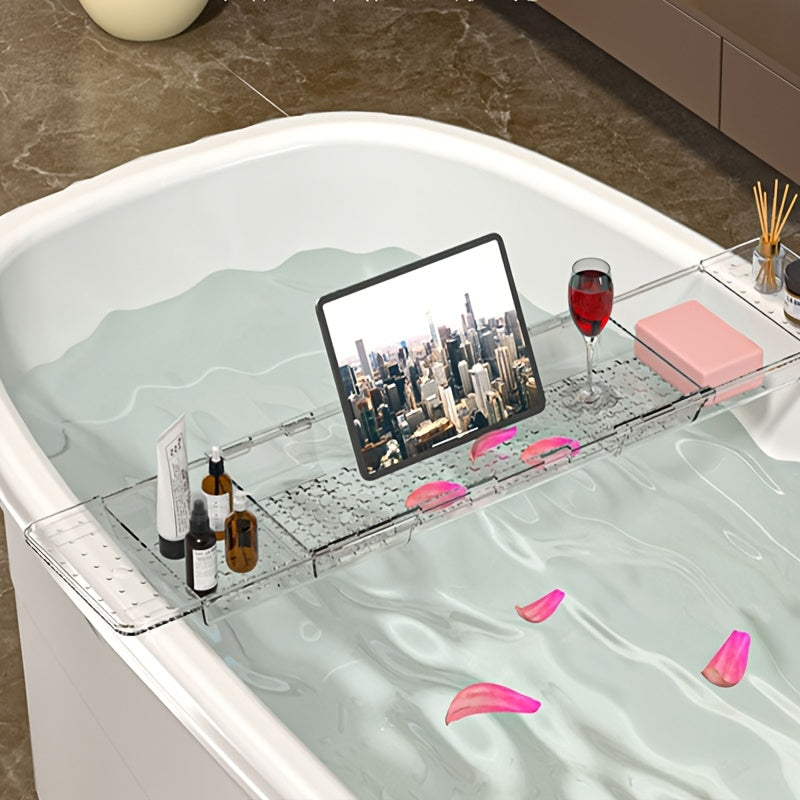 Expandable Bathtub Tray, Clear Plastic Anti-Slip Bath Tub Shelf Caddy, Luxury Bathtub & Bathroom Accessories for Relaxing Spa, Suitable for bathtubs with an Internal Width of up to 72.9 cm, detail random