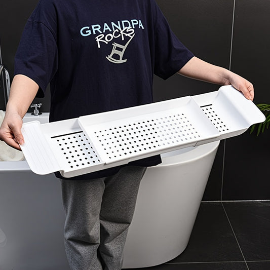 Clutter-Free, Expandable Bathtub Caddy Tray - Multifunctional Plastic Bath Shelf Organizer for Towels, Books, Wine & Phone - Stylish Drain Design for Shower Essentials
