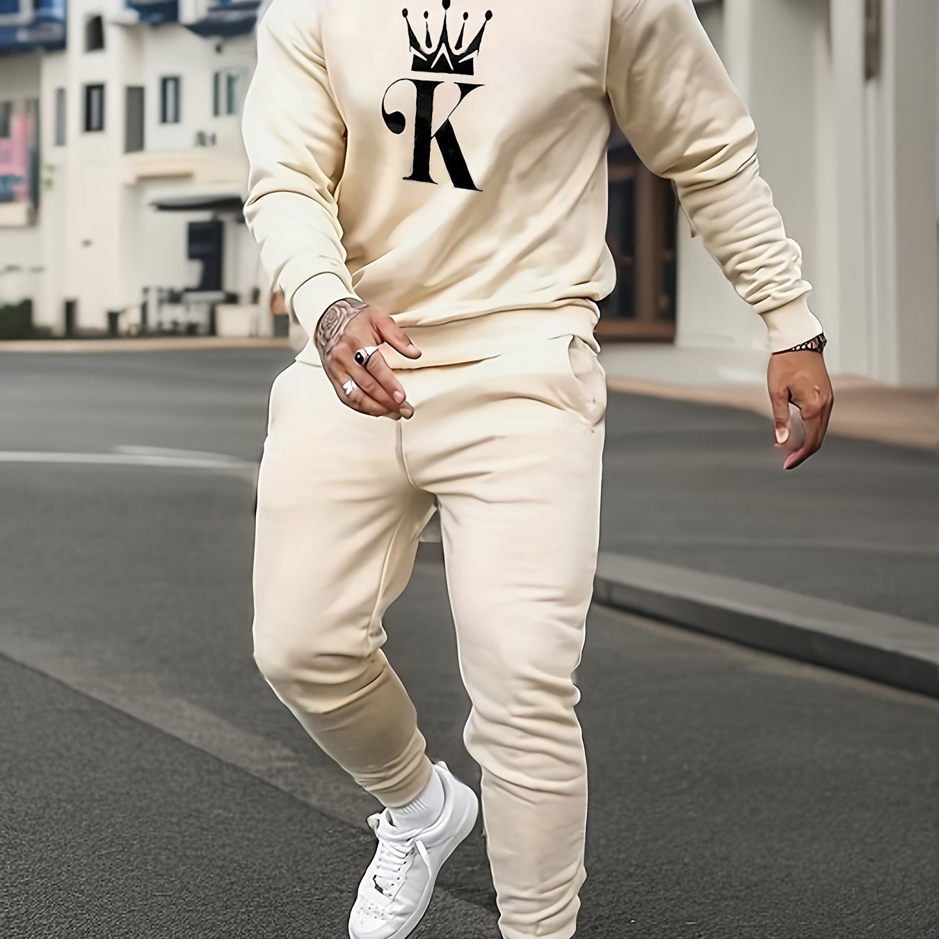2-Piece NO DAYS OFF Outfit for Men: Crew Neck Long Sleeve Pullover Sweatshirt and Drawstring Sweatpants Joggers Set for Spring Fall