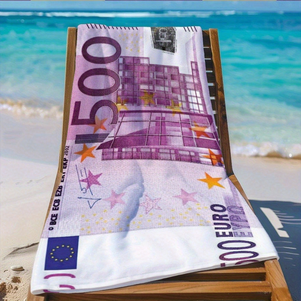 Euro Bill Design Beach Towel - European Currency Pattern with Serial Numbers, Extra Large Soft Quick-Dry Bath & Beach Towel - Ideal Father's Day Gift for Dad, Pool, Travel - Machine Washable Polyester Blend, Poolside Accessory, Elegant Gift Item