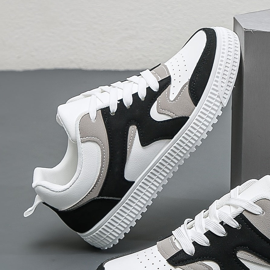 Women's Fashion Color Block Sneakers, Casual Faux Leather Lace Up Low Top Shoes, Lightweight Student Shoes plus size, men & women, unisex