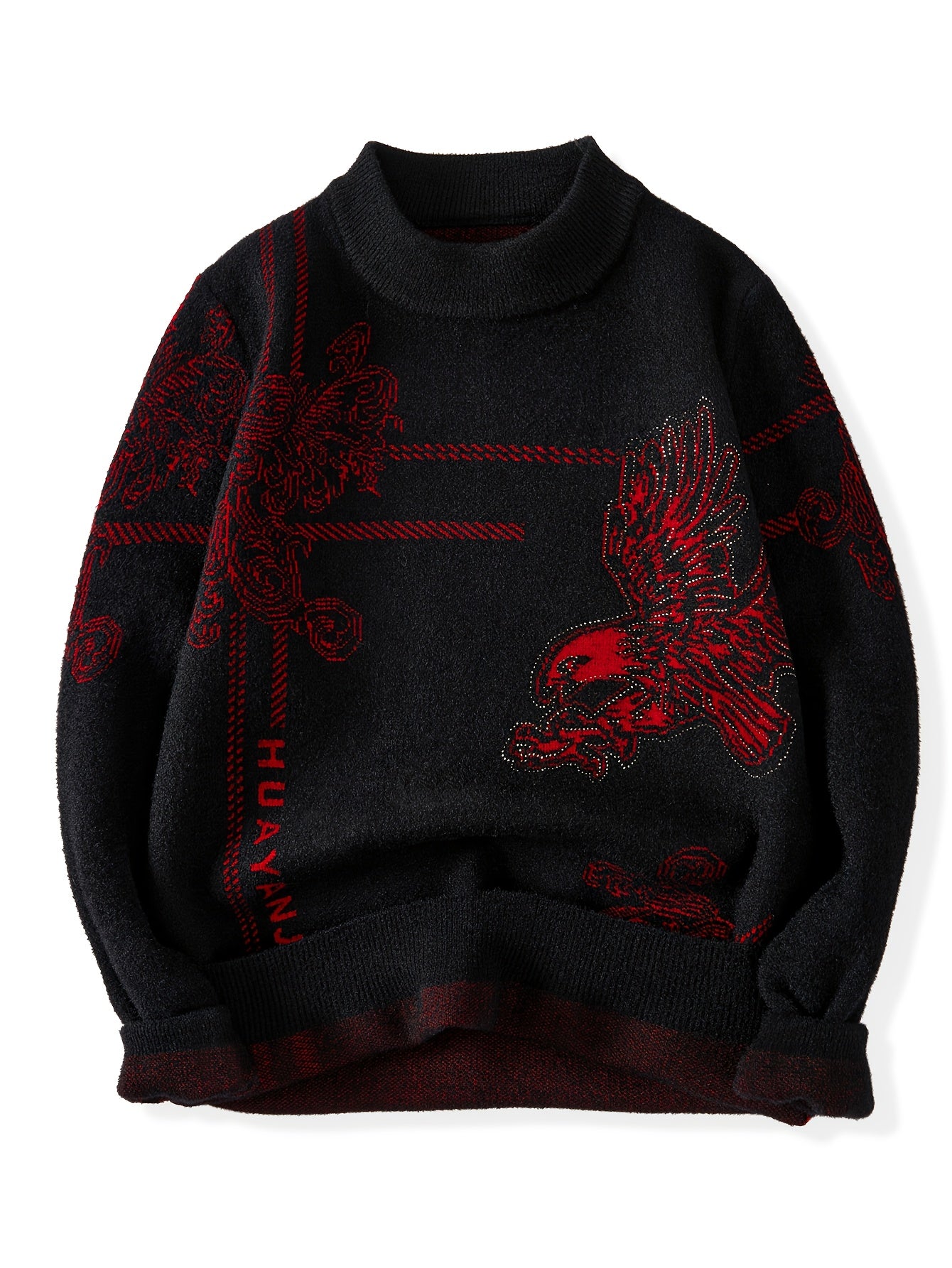 Men'S Elegant Golden Eagle & Eagle Wing Print Long Sleeve Sweater - Soft Warm Winter Knit Sweater with Golden Eagle Design, Round Neck Casual Coat