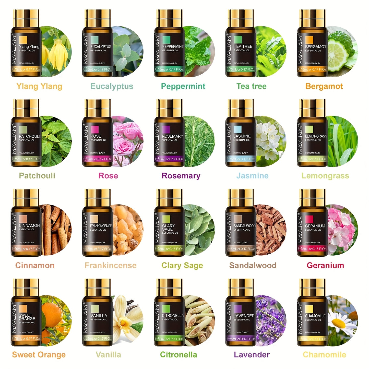 MAYJAM 20*5ml Alcohol-Free Essential Oil Set Gift Box Suitable for Humidifiers, Diffusers, Craft Making, Holiday Gifts, Travel Carry-On Includes Lavender, Jasmine, Eucalyptus, Vanilla, Frankincense, Peppermint, Sandalwood, Sweet Orange, Ylang-Ylang, Rose
