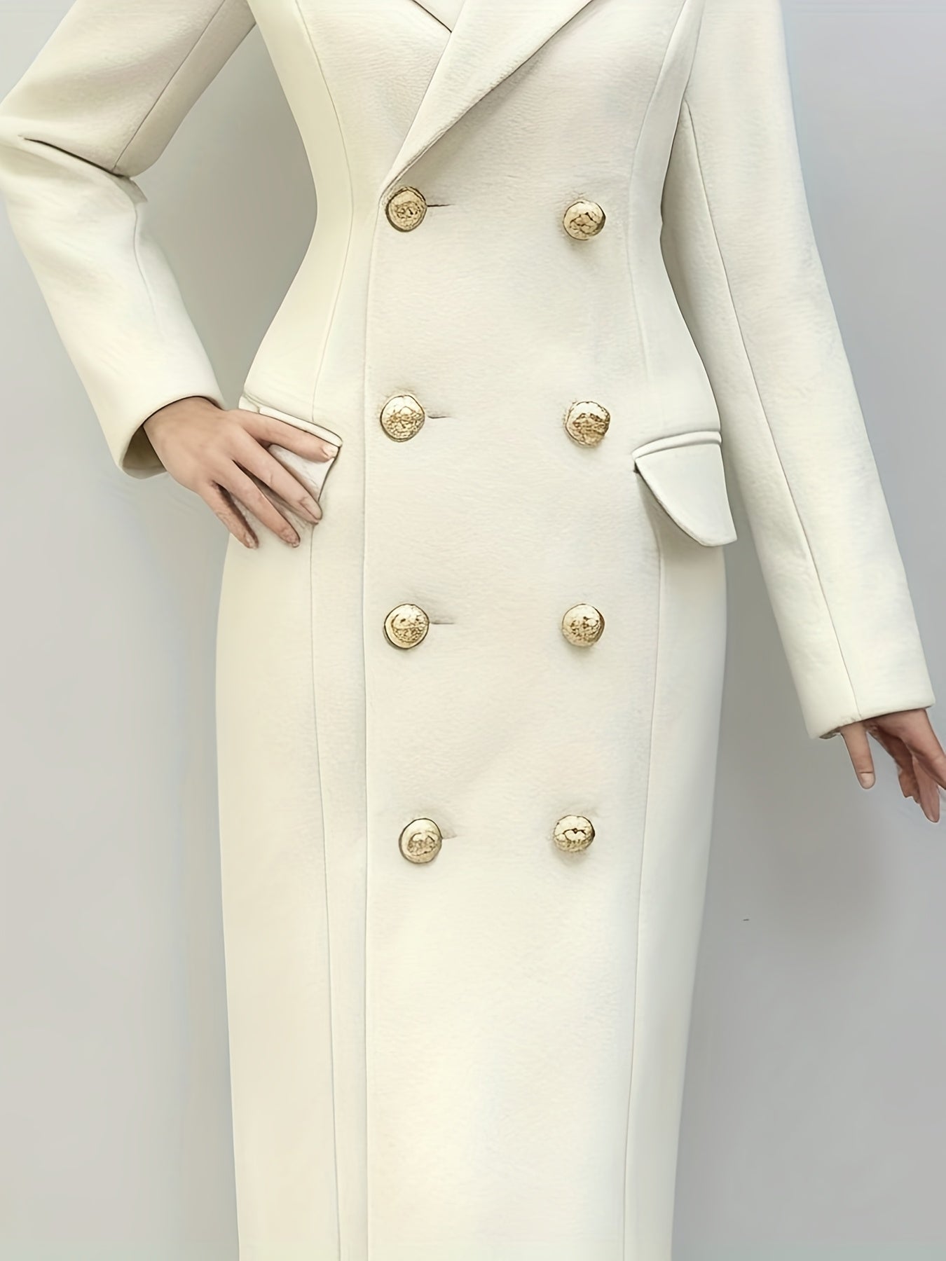 Women's Cream White Tweed H-Line Slim-Fit Long Winter Coat with Cross-Fall & Golden Button Closure - Elegant Fall/Winter Outerwear, Pocket Door Jacket (Dry Clean Only)