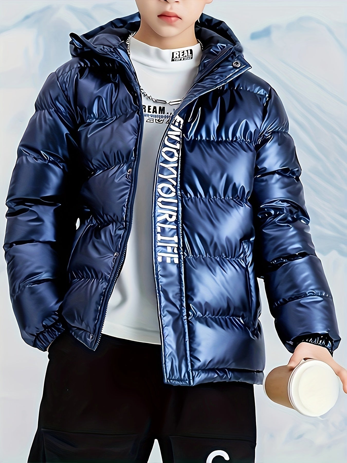 Boys' Winter Warmth Jacket, Casual Polyester 100% Long Sleeve with Zipper, Alphabet Pattern, Regular Fit, Non-Stretch Fabric, Cardigan Collar, Thickened Coat for Fall/Winter