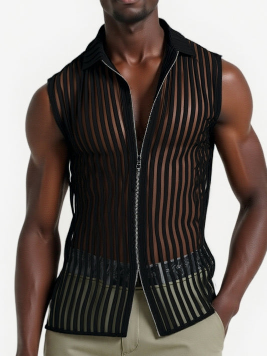 INCERUN Men's Sheer Striped Zip-Up Tank Top - Sexy Mesh Beach & Party Vest, Breathable Polyester-Spandex Blend, Machine Washable