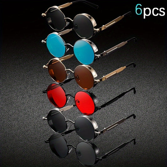 6pcs Unisex Fashion Metal Frame Round Glasses Set - Durable Polycarbonate Lenses, Various Color Options (Black, Blue, Red, Brown), Ideal for Daily Use & Birthday Gifts, Everyday Fashion Glasses | Stylish Round Frames | Durable Glasses