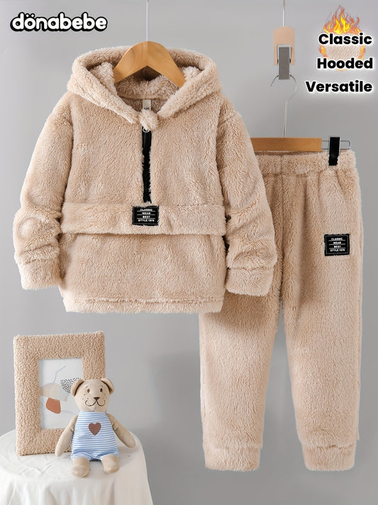 Autumn and Winter New Fashion Set with Hooded Top, Fleece Warm Zipper Half-Open Placket Sheep Polar Fleece Patched Top Pants Classic Patched Daily Comfortable Casual Fashion Outdoor Versatile Long Pants 2pcs, Perfect for Outdoor