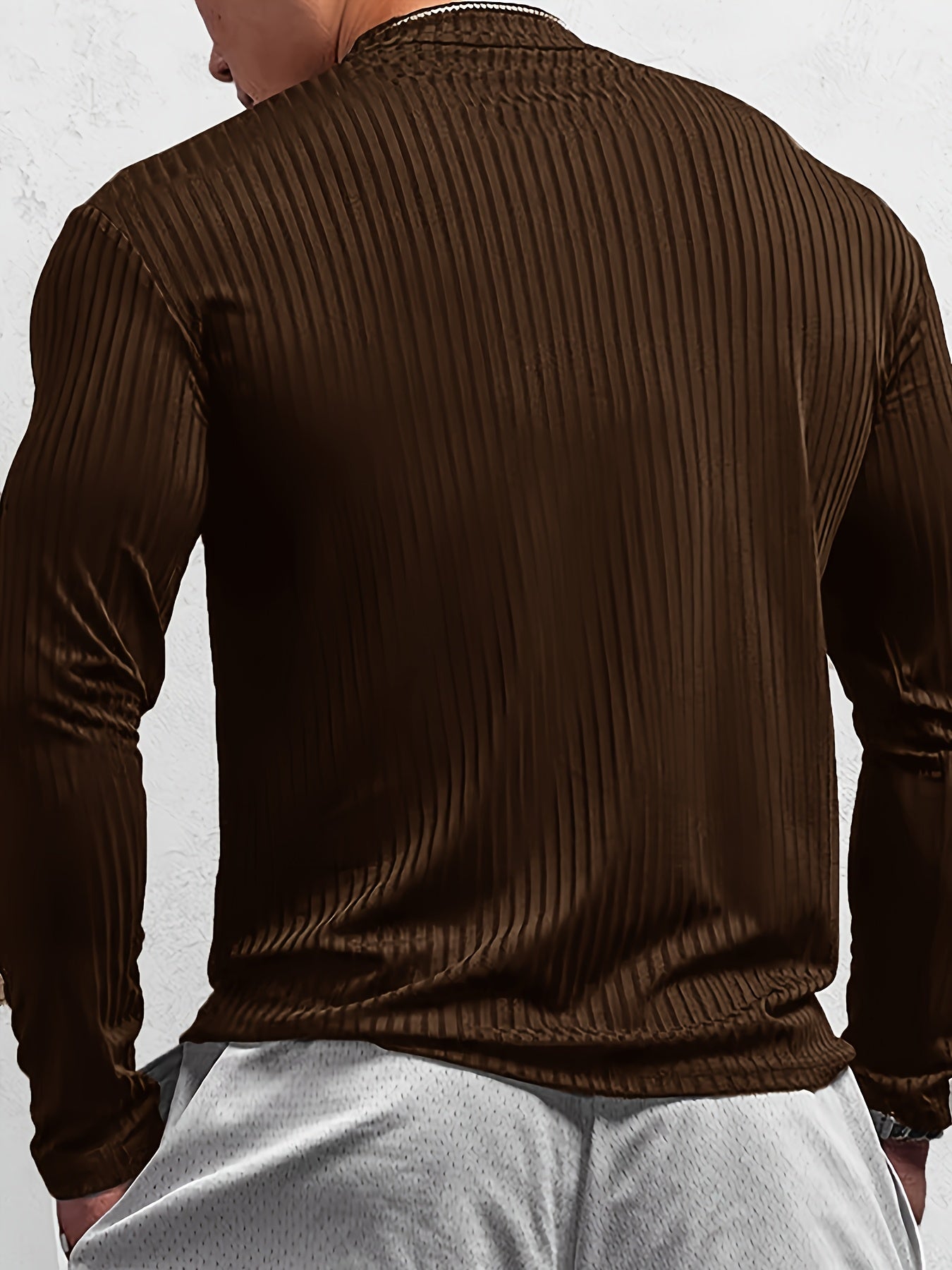 Men's Spring/Summer Ribbed Round Neck Long Sleeve T-Shirt, Comfortable and Breathable, Fashionable Ribbed Casual Style