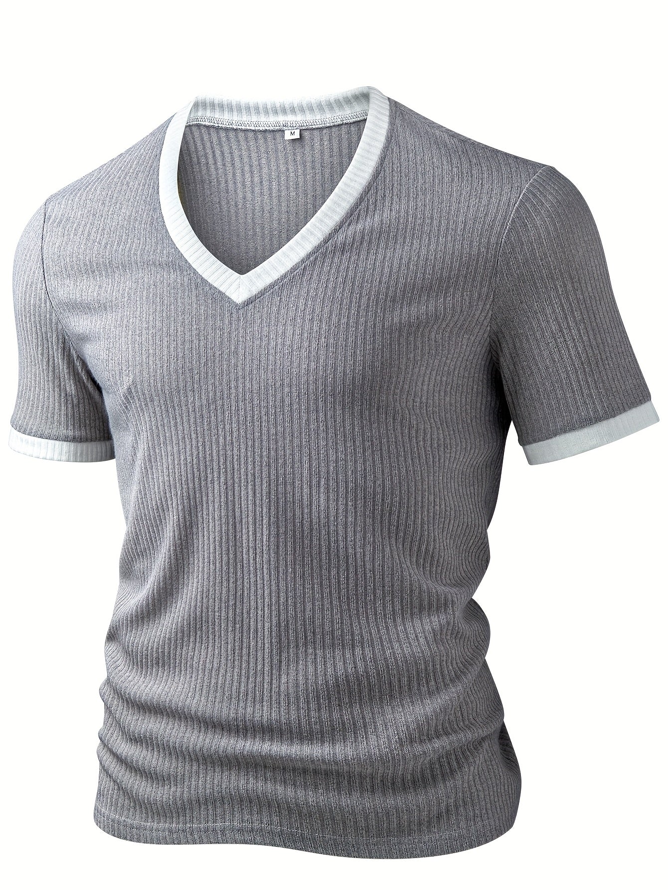 Men's Summer Casual V-Neck Ribbed Henley Shirt - Color-Block Short Sleeve Pullover, Breathable Stretch Fabric, Machine Washable Regular Fit for Casual Attire, Vneck Pullover, Soft Texture Top