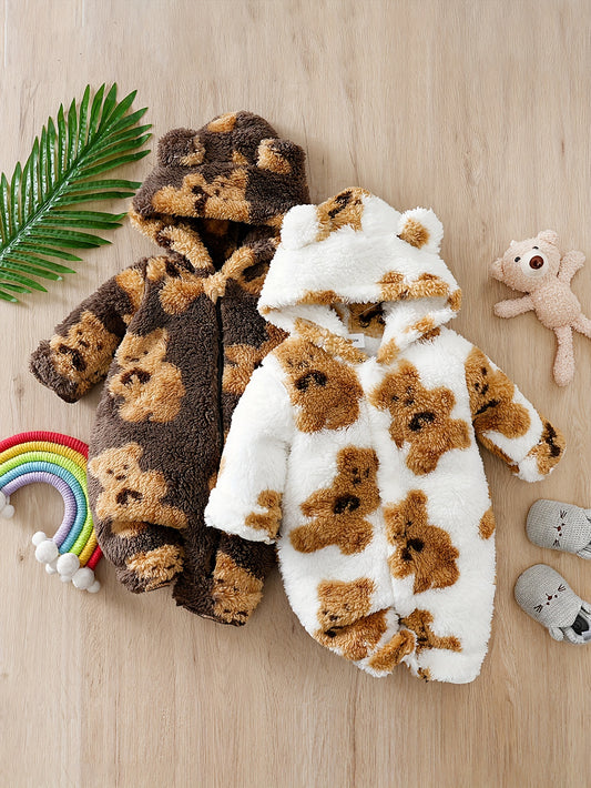 2-Pack Winter Baby Boy Romper, Cartoon Bear Print, Double-Sided Fleece, Warm Hooded Zipper Long Sleeve Onesie, Casual Style, Polyester Knit Fabric, Regular Fit - Fall/Winter Collection, for Outdoor