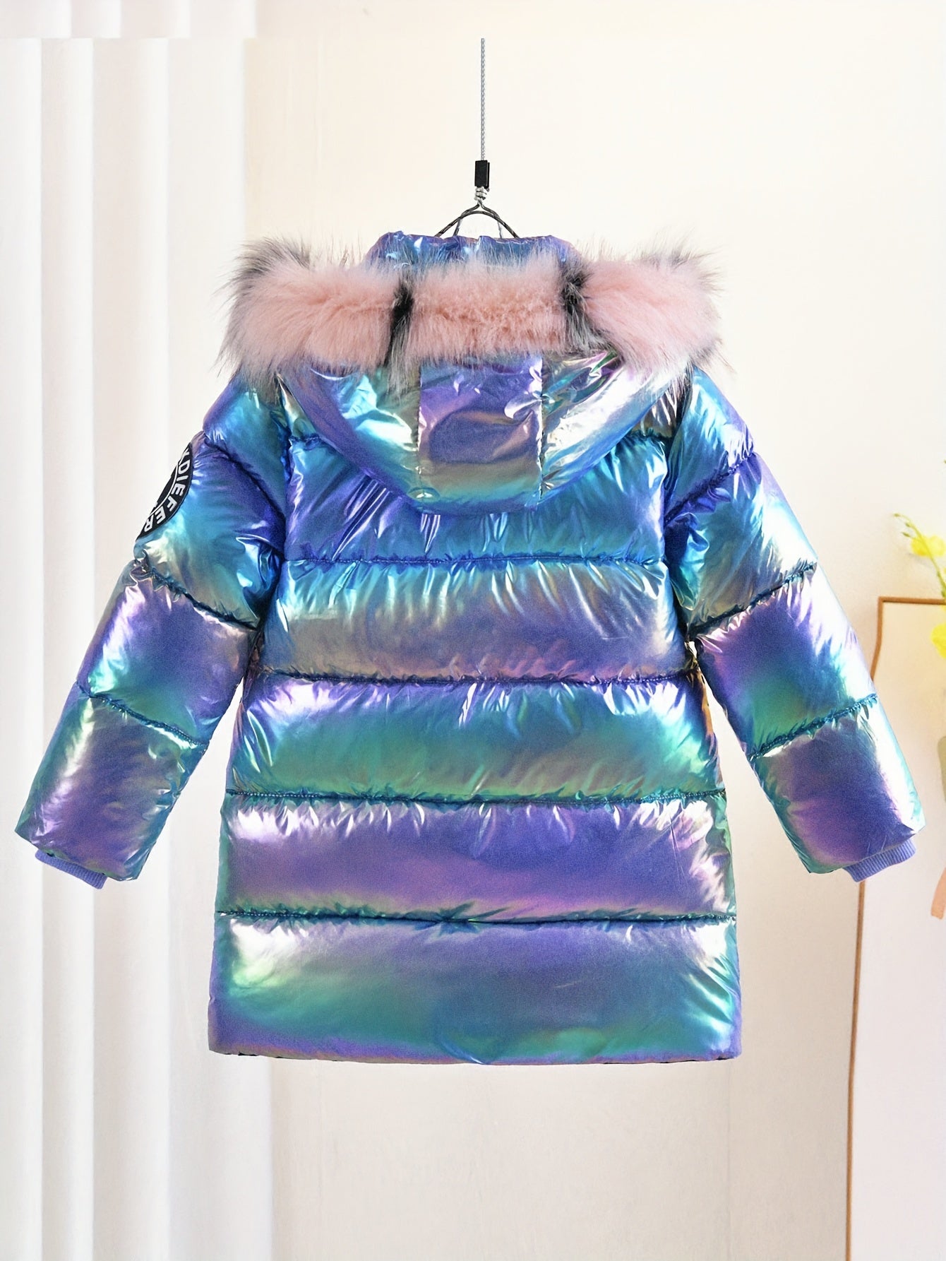 Girls' Winter Parka - Trendy Metallic Purple Hooded Jacket with Faux Fur Trim, Zip-Up Long Sleeve Coat for Youngsters & Teens, Casual Style, Polyester Material, Perfect for Cold Weather, Girls Winter Clothes