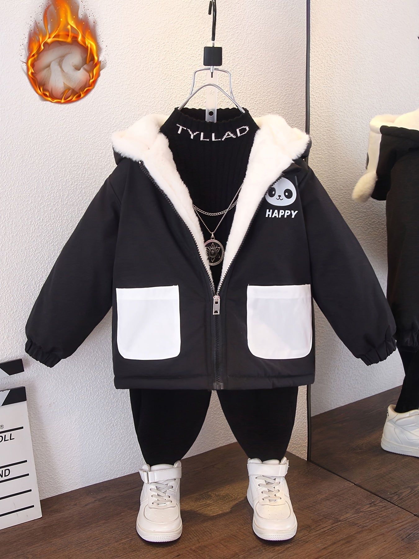 Youngsters' Cozy Fleece-Lined Hooded Jacket with Cute Panda Print - Color Block, Warm & Stylish for Boys and Girls, Perfect for Fall/Winter, Leisure Style, Loosen Version, Autumn/Winter