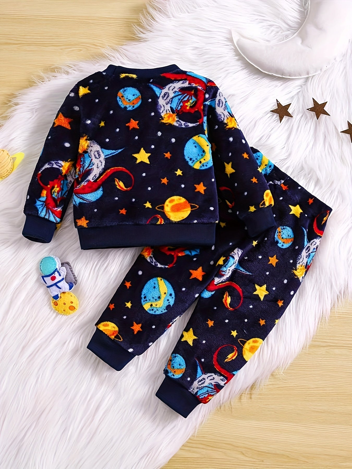 Boy'S Christmas Themed Flannel Pajama Set, 2pcs Crew Neck Outfit with Rib-Knit Details, Medium Stretch Knit Fabric, Regular Fit, Polyester 100%, Cozy Winter Home Wear