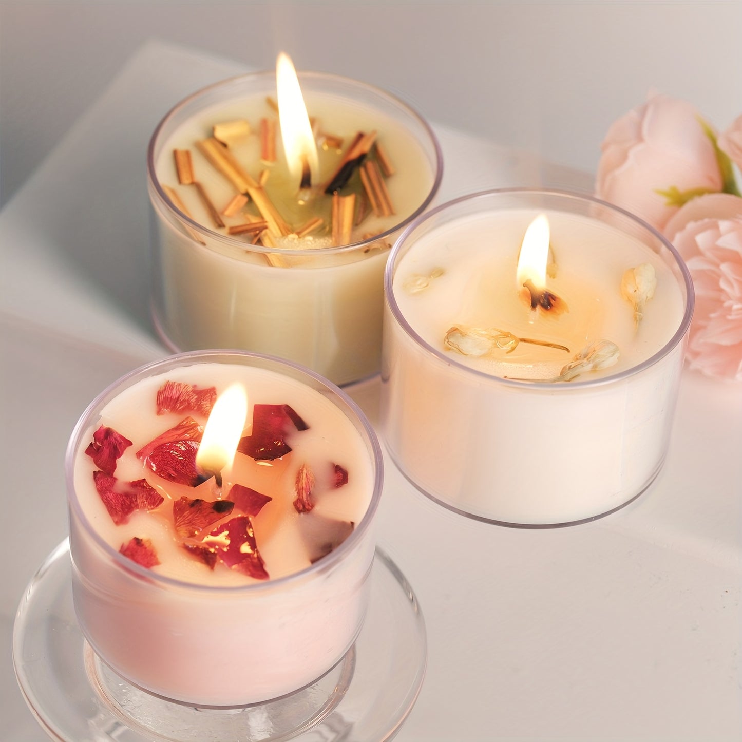 1pc Luxury Scented Candle Collection | 70g/2.47oz in Clear Plastic Jar | Features 5 Aromas: Lemongrass, Gardenia, Lavender, Vanilla, Rose | 3.8cm Elegant Height | Long-Lasting 10h Burn | Ideal Gift Set with Protective Wrap