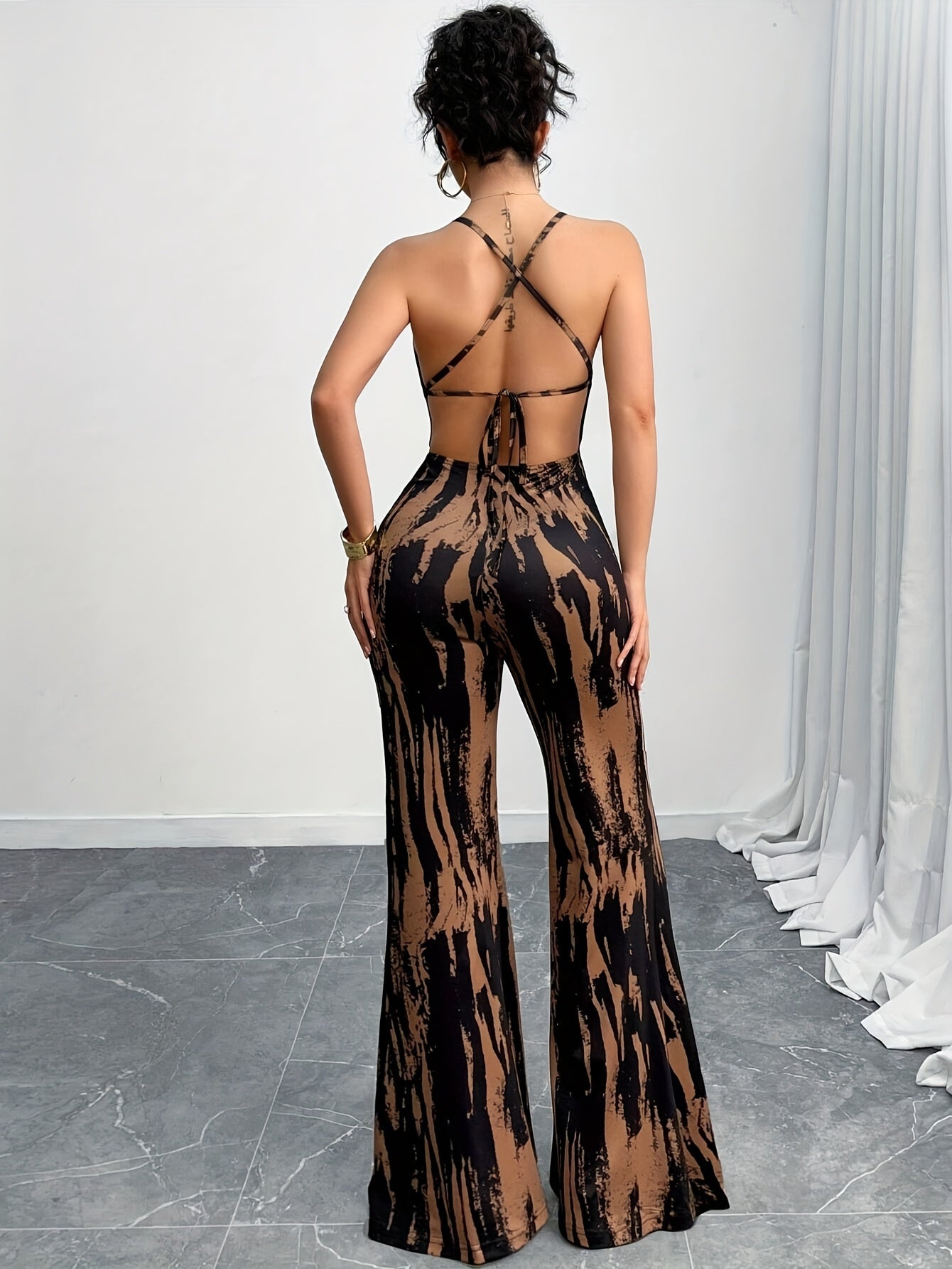 Women'S Sexy Elegant V-Neck Jumpsuit with Contrast Print - Loose Fit, Wide Leg, Back Tie, All-Season Versatile Outfit for Parties, Dates, And Casual Attire, Date Night Outfit | Vneck Jumpsuit | Fabric