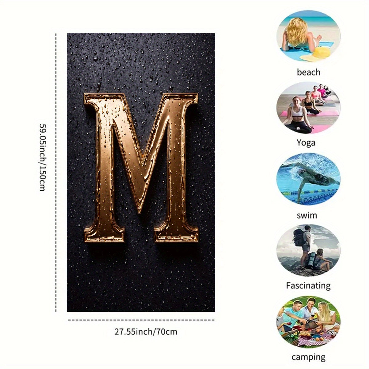 1pc Extra Large 149.86x69.85 cm Quick-Dry Beach Towel - Super Soft Microfiber with Shiny Golden Letter M Logo, Anti-Fade & Lightweight for Yoga, Travel, Pool, Gym, Camping - Perfect Gift for Birthdays, Anniversaries, Valentine’s Day, Travel Towel | Conte