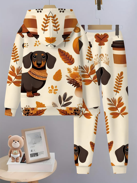 2pcs ' Dachshund Print Hooded Sweatsuit Set - Cute Dachshund Dog with Hoodie & Sweater, Warm Winter Outfit for Halloween, Birthday Party, Casual Wear (Machine Washable) - to Clothing, Perfect for Outdoor, Halloween, Halloween Clothes, Halloween Costumes,