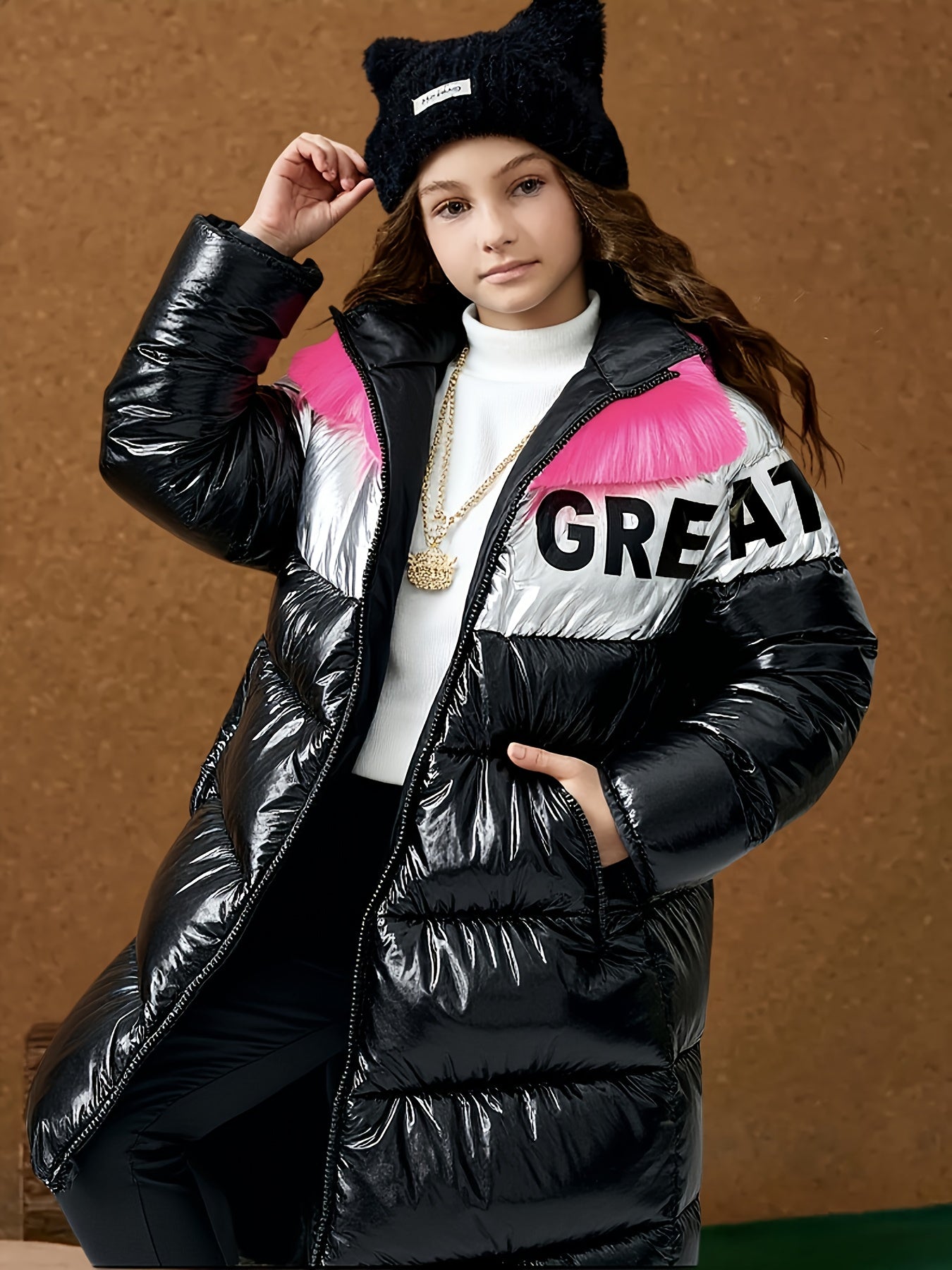 Girls' Winter Oversized Hooded Coat with Full-Zip Front Closure, Full-Length Black & Pink/White Jacket - Heavy-Duty Outerwear for, Casual & Formal Events, Stylish Winter Outerwear for Girls (Easy-Care, Hand Wash/Dry Clean) - Ideal for Everyday & Special
