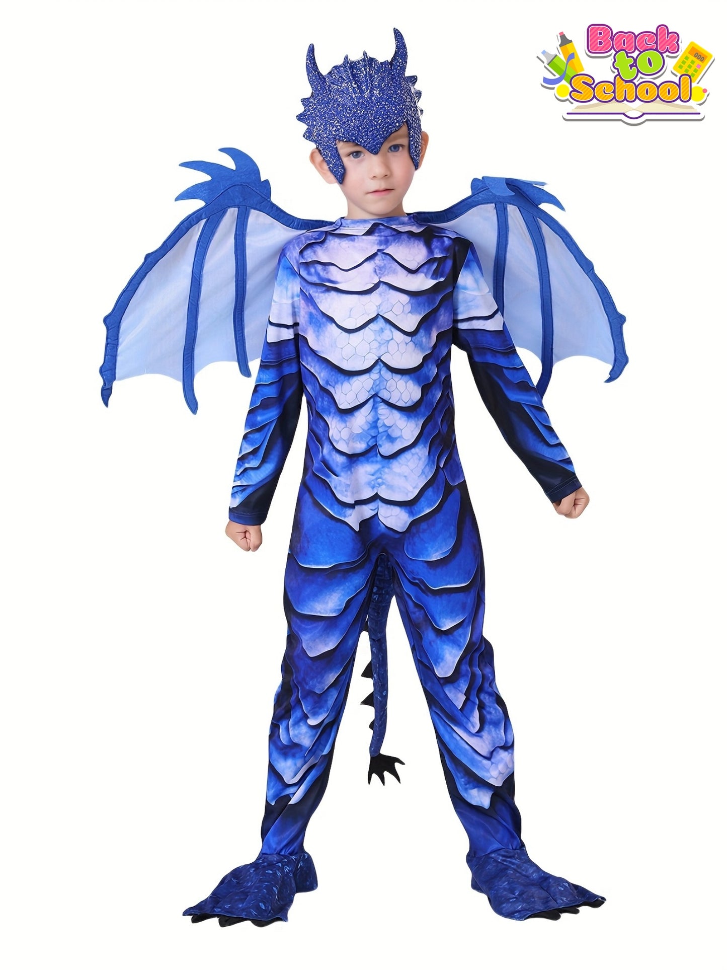 Kids' Blue Western Dragon Dress-Up Set (Jumpsuit + Wings + Headpiece + Tail) Halloween Carnival Theme Outfit / Back-to-School Season Playwear