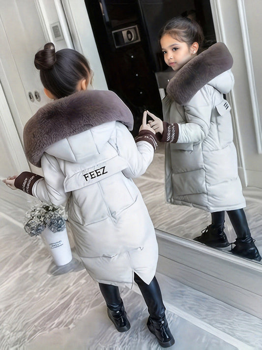 Girls' Medium-Length 2023 Winter Coat, Korean Style Thickened Snow Jacket for Kids