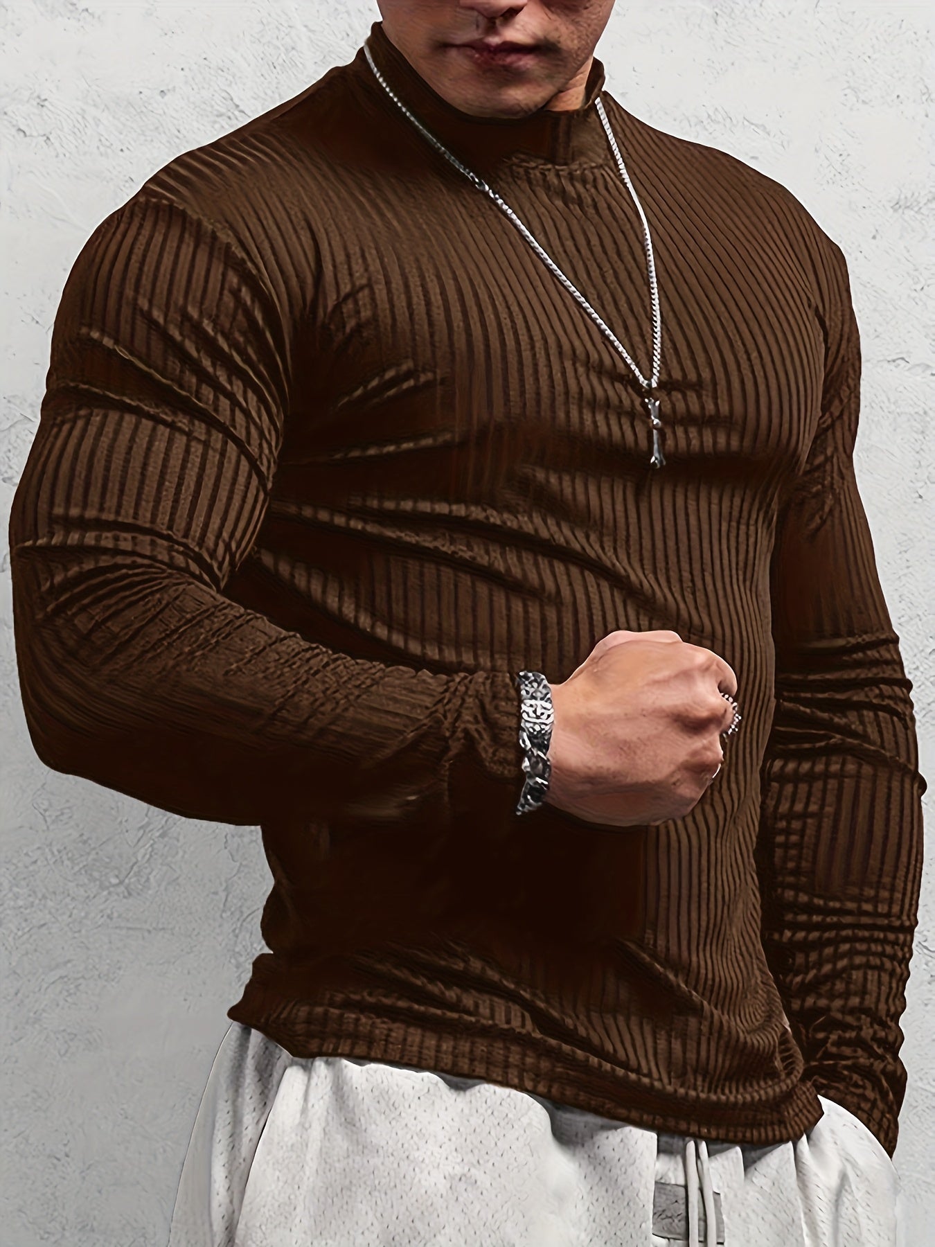 Men's Spring/Summer Ribbed Round Neck Long Sleeve T-Shirt, Comfortable and Breathable, Fashionable Ribbed Casual Style
