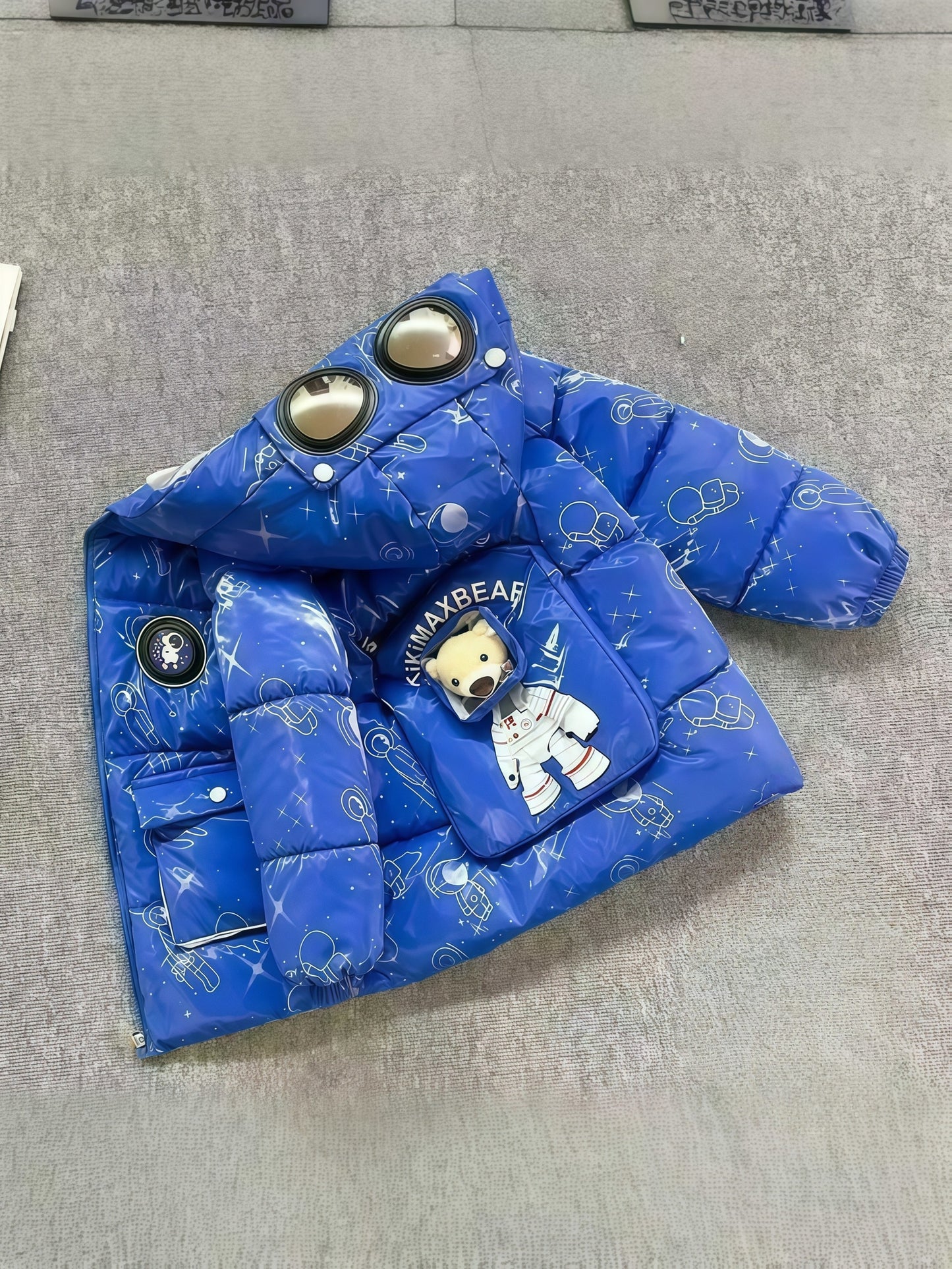 Boys' & Girls' Winter Hooded Jacket with Bear & Glasses Design - Warm Fleece-Lined Zip-Up Coat, Loose Fit Casual Outerwear for Ages 3-10, Perfect for Halloween, Thanksgiving, Christmas Gifts, Winter Coat, Playful Kids' Fashion, Durable Kids' Clothin