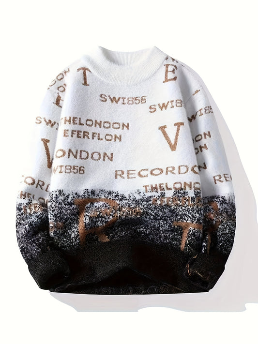 Men's Warm Sweater, Nylon Double-Needle Fleece, Soft Knit Pullover, Gradient Letter Print, Regular Fit, Long Sleeve, Round Neck, Polyester Lining, Ribbed Cuffs, Casual Daily Wear