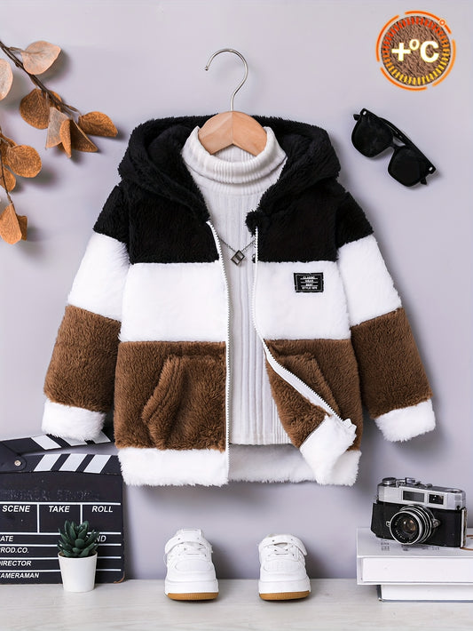 Boys' Autumn and Winter New Double-Sided Polar Fleece Thickened Zip-Up Hoodie, Color Block Patchwork and Crossbody Bag Style Fashion Jacket, Soft and Comfortable Fabric, Trendy Cool Style Boys' Autumn and Winter Thickened Warm Clothing, Suitable for Outd