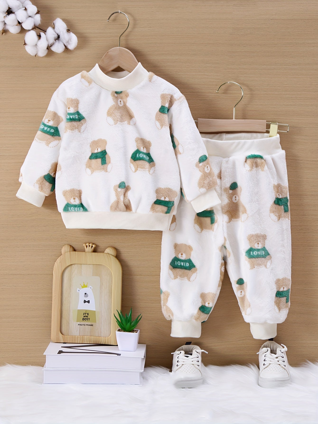 Children's Coral Cute Bear Plush Soft Beige-Friendly Warm Set, Keep Away from Fire