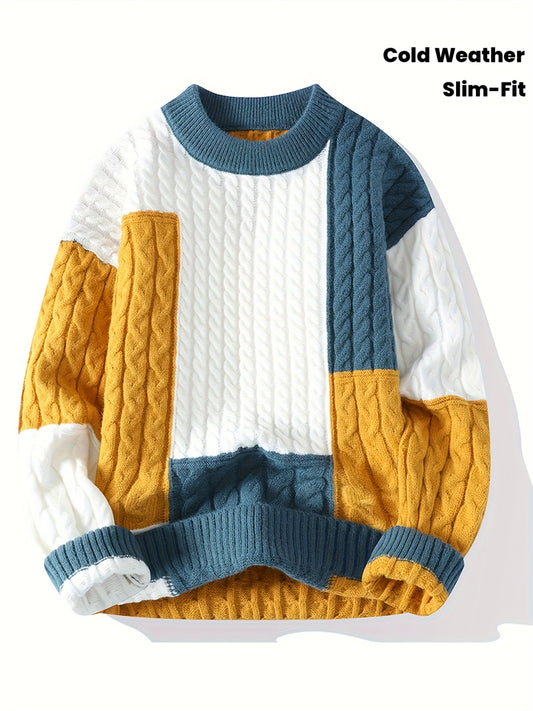 Men's Thermal Sweater Pullover - Slim Fit Knit Sweater Sweater in White, Brown, Mustard Yellow - Elegant Cold Weather Sweater for Fall/Winter - Hand Washable Office & Everyday Sweater, Knitted Sweater, Winter Comfort Clothing, Elastic Fabric, Ribbed Text