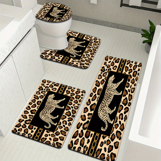 Open 3pcs/4pcs Fashion Simple Leopard Print Bathroom Mat Set Toilet Lid Cover and Rug Bath Decor U-shaped Foot Pad