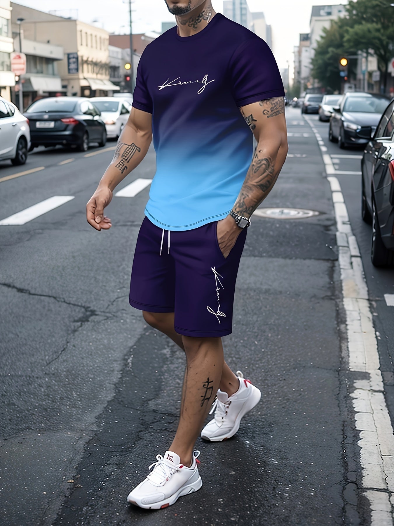 Ombre 2Pcs Trendy Outfits For Men, Casual Crew Neck Short Sleeve T-shirt And Drawstring Shorts Set For Summer, Men's Clothing Vacation Workout