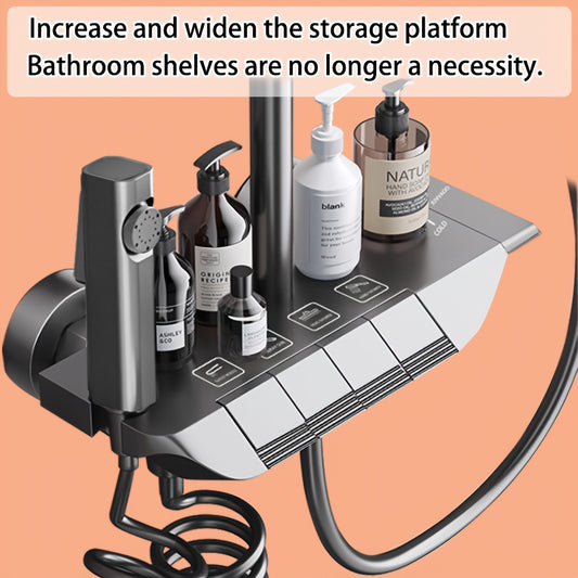 Luxury Space Aluminum Shower System with Dual-Function Handheld and Rainfall Shower Head, Wall-Mounted, Square Design, Brushed Finish - Includes Adjustable Temperature Control and Multi-Hook Rack for Bathroom Upgrade, Shower Accessories, Sleek