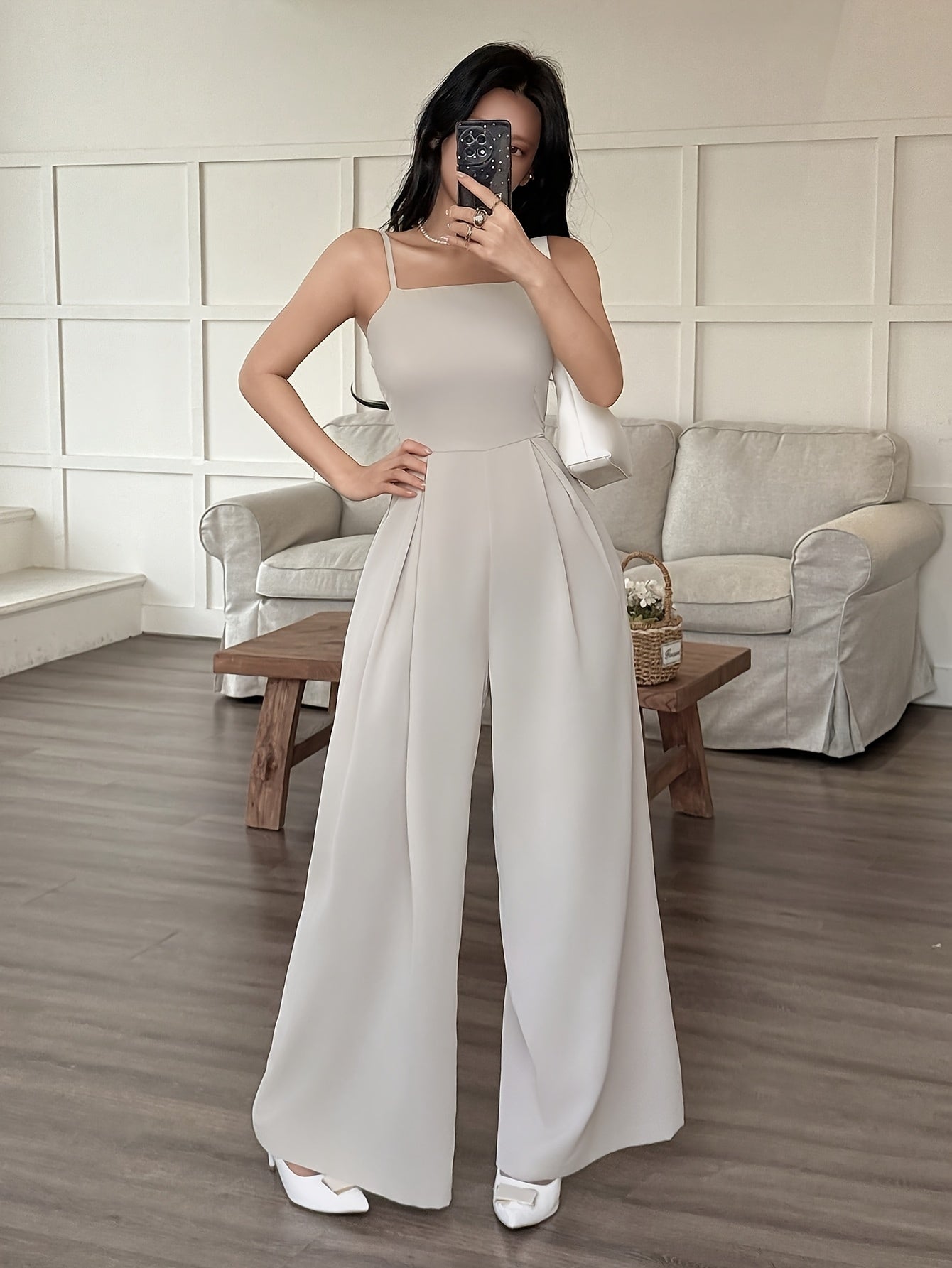 Wide-Leg Loose Solid Color with Ruched Design, Suitable for Summer Women'S Casual Wear