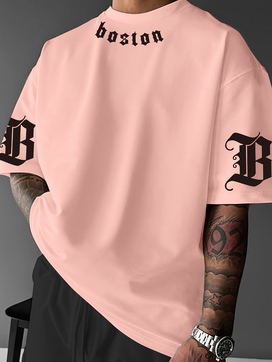 Men's Boston Letter Print T-Shirt - Oversized Loose Fit Breathable Polyester Crew Neck Tee with 'Boston' Back Print & Logo-Like Lettering, Casual Summer Streetwear, White & Black for Casual ttire (Machine Washable), Tshirt For Men, Mens Clothes, Mens Tsh