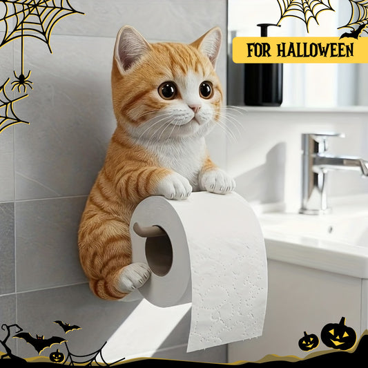 1pc Cute Cat Toilet Paper Holder - Bathroom Decor with Expressive Eyes, Self-Adhesive No Tools Needed, Space-Saving Toilet Paper Dispenser for Bathroom, Kitchen, Office - Perfect Gift for Cat Lovers, Christmas, Halloween, Housewarming - Durable Resi