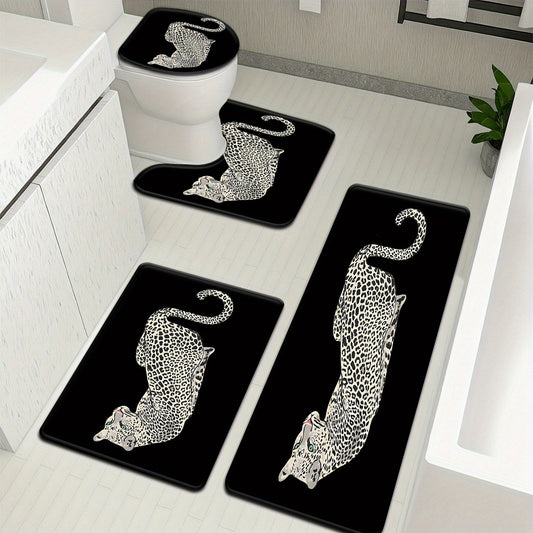 3pcs/4pcs Leopard Print Bathroom Set with Toilet Lid Cover and Rug, U-Shaped Bath Mat for Decoration