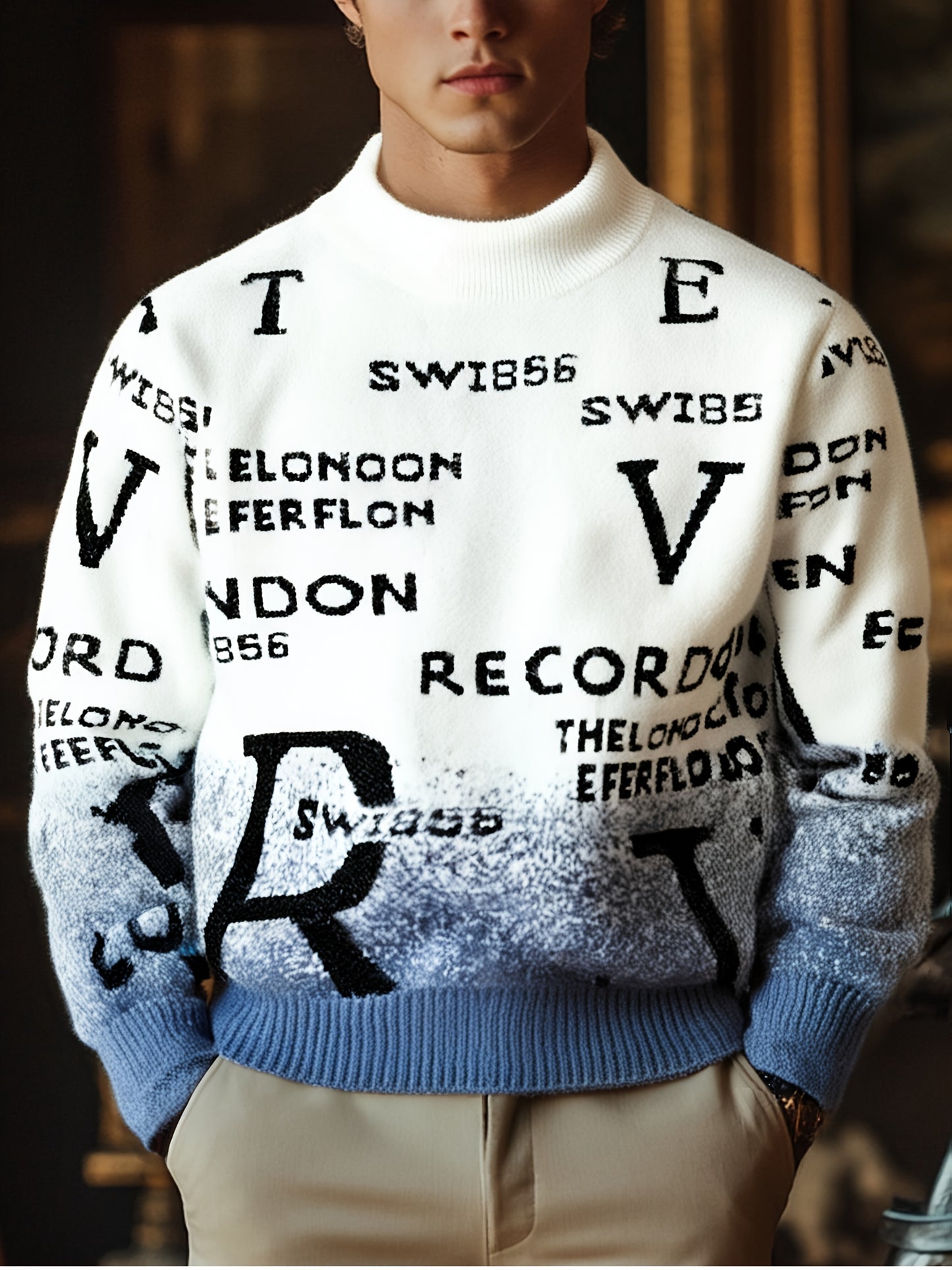 Men's Slim-Fit Winter Sweater - Thick Warm Long Sleeve Round Neck Cable--like Texture (No-Sew) Letter Print (R/Ø/D/N) Turquoise & White Color-Block - Soft Beige-Friendly Business Casual Jacket Coat for Cold Weather