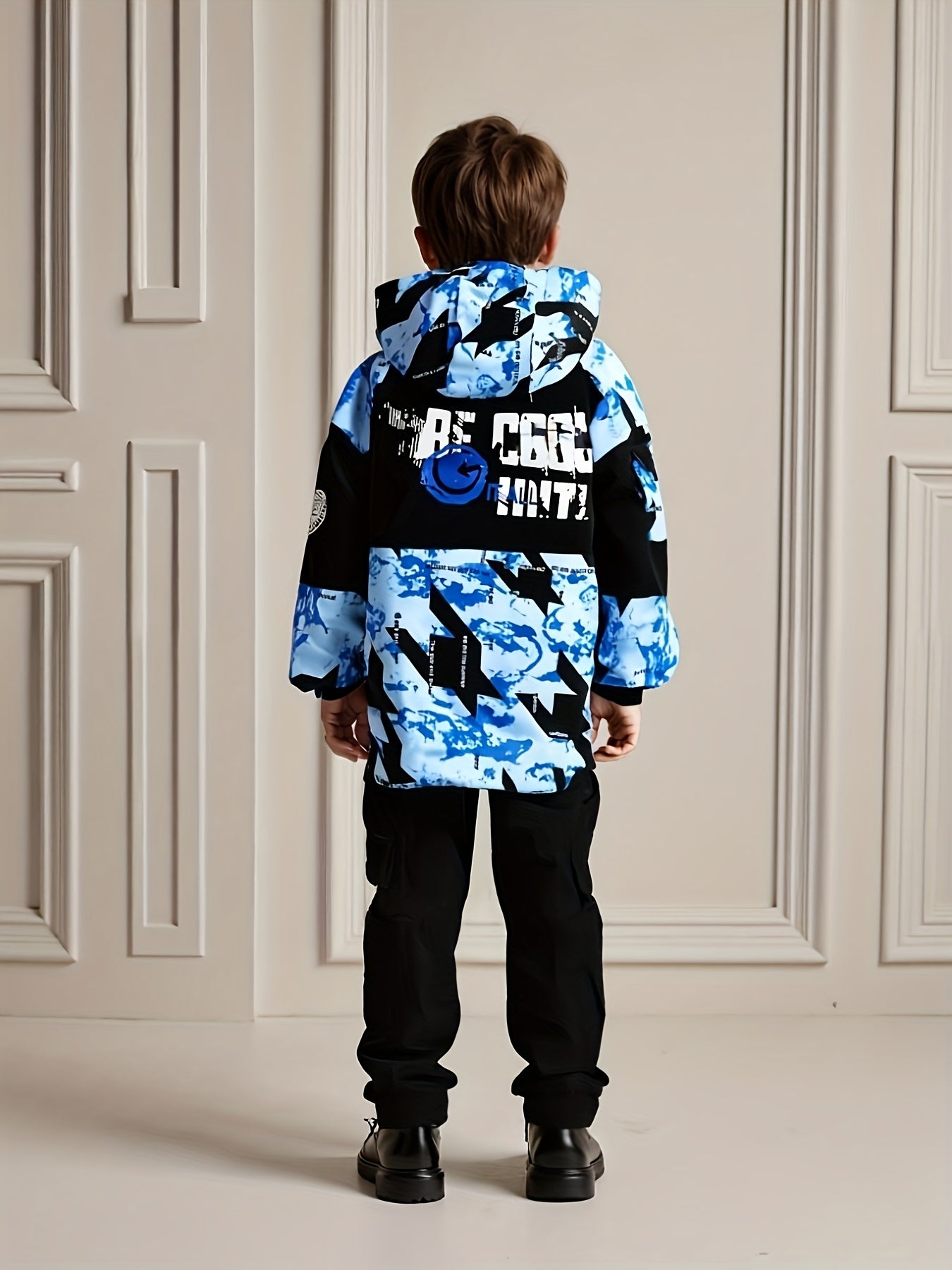 Boys' Heavy-Duty Winter Jacket - Thick Insulated Coat with Full-Zip Closure, Hooded Cold Weather Outerwear, Black/White/Gray/Orange Accents - All-Season Outer Jacket for Big & Tall Boys - Ideal for Hiking, School, and Everyday Use - Easy-Care Polyester F