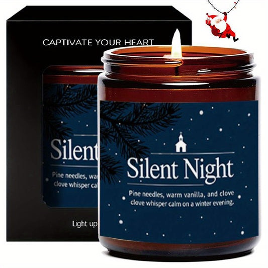 1pc Long-Lasting 12+ Hour Burn Time Soy Wax Candle in Elegant Clear Glass Jar with Deep Blue Winter Night Label - Vanilla & Pine Scented Christmas Candle for Home Decor, Silent Night Design with Snowflakes & Pine Cones, Indoor Use, Spill-Proof, Holiday G