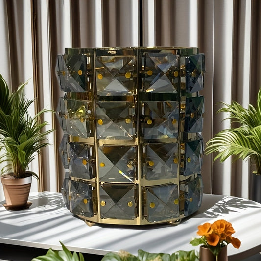 Elegant Black & Golden Crystal Cosmetic Organizer - Multi-Functional Makeup Storage Box with Durable Wrought Iron Frame, Perfect for Brushes, Nails, and Beauty Essentials, Countertop Display, Beauty Essentials Organizer | Crystal Accent Organizer | Durab